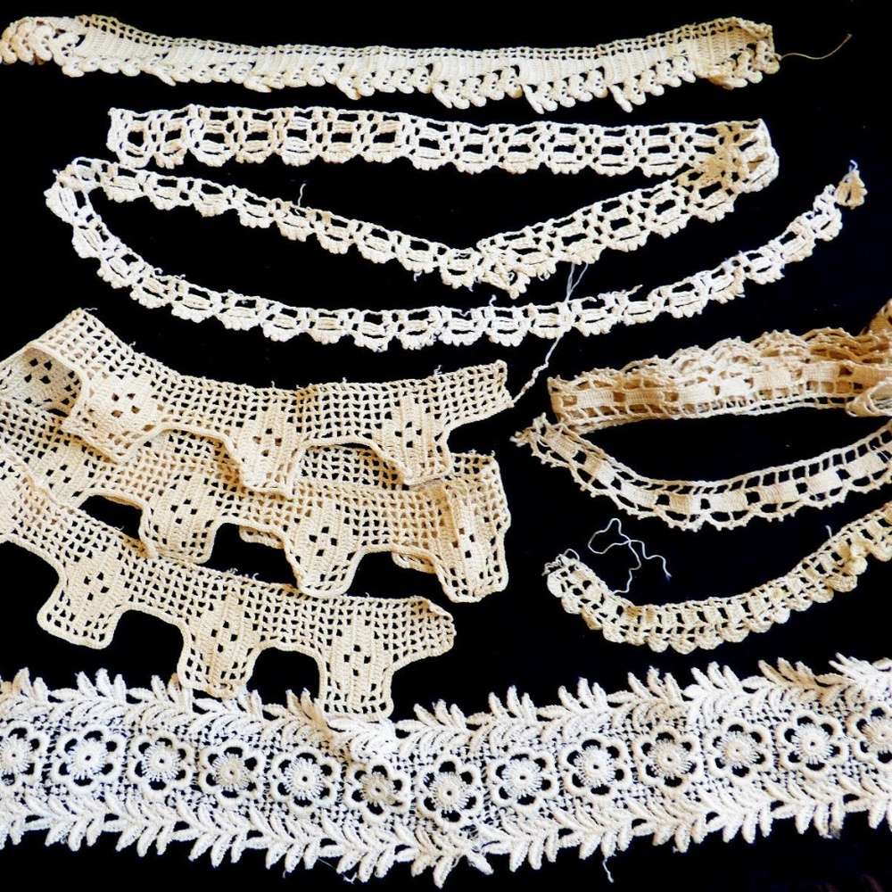 VTG antique Victorian hand made Crochet Trims Lace Edgings 6 pieces ecru